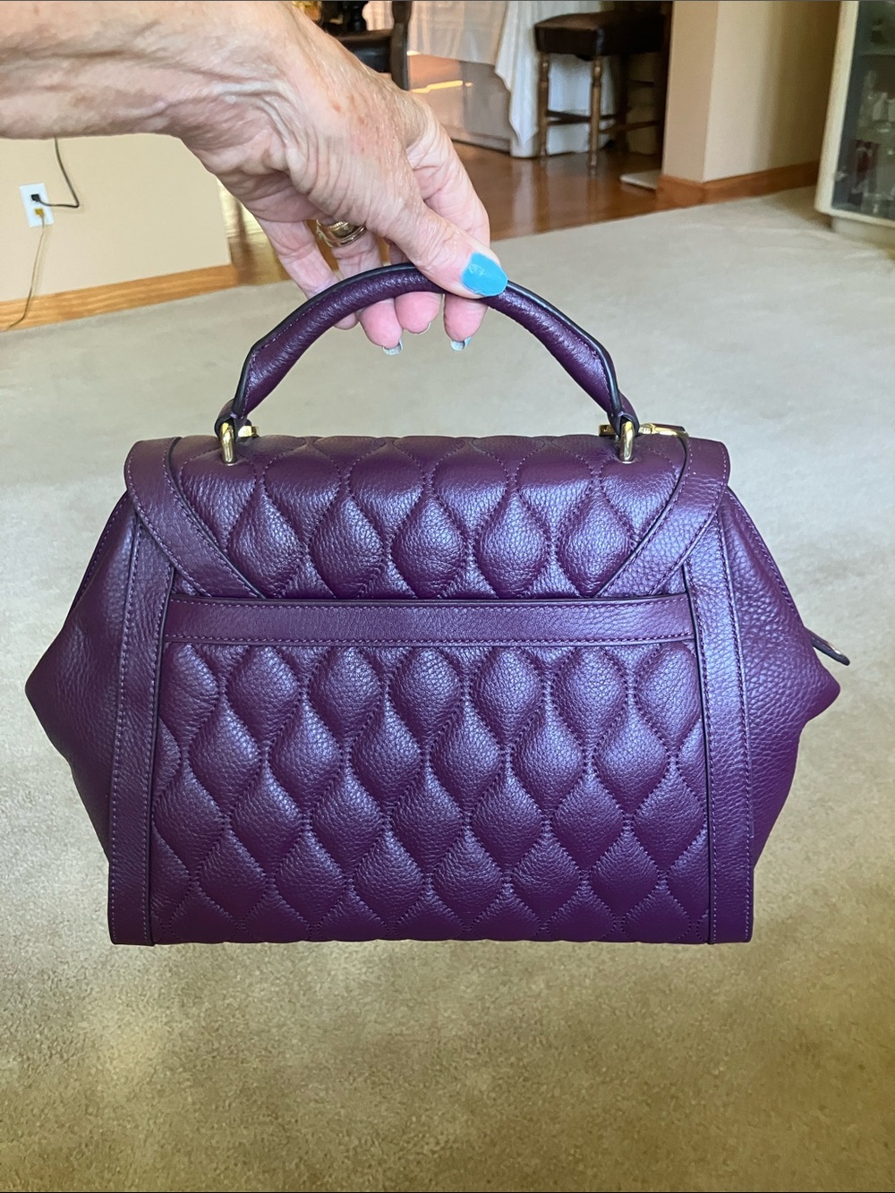 Vera Bradley Quilted Leather Stella Satchel in Aubergine, eggplant gold hardware - Picture 5 of 14